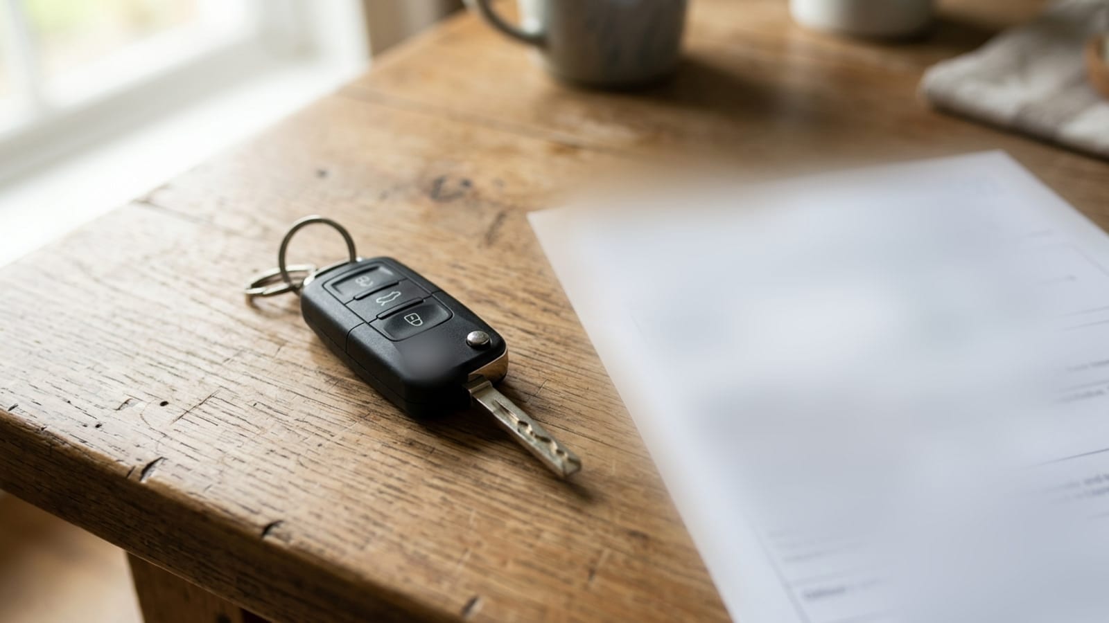 A car key beside an insurance document on a table