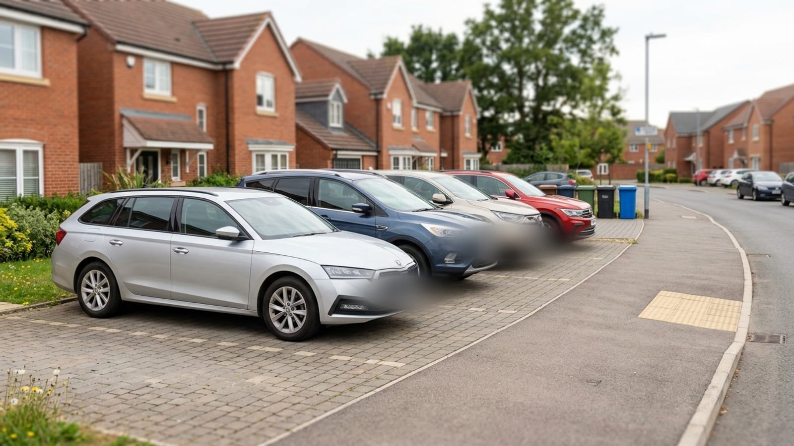 Cars parked on an open driveway on a residential estate