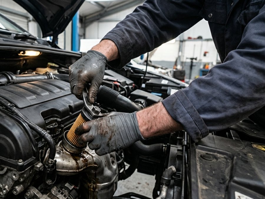 A mechanic's hands working on an engine during a service