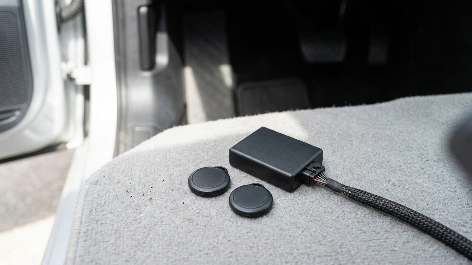 Tracker driver tags and a module in a car footwell