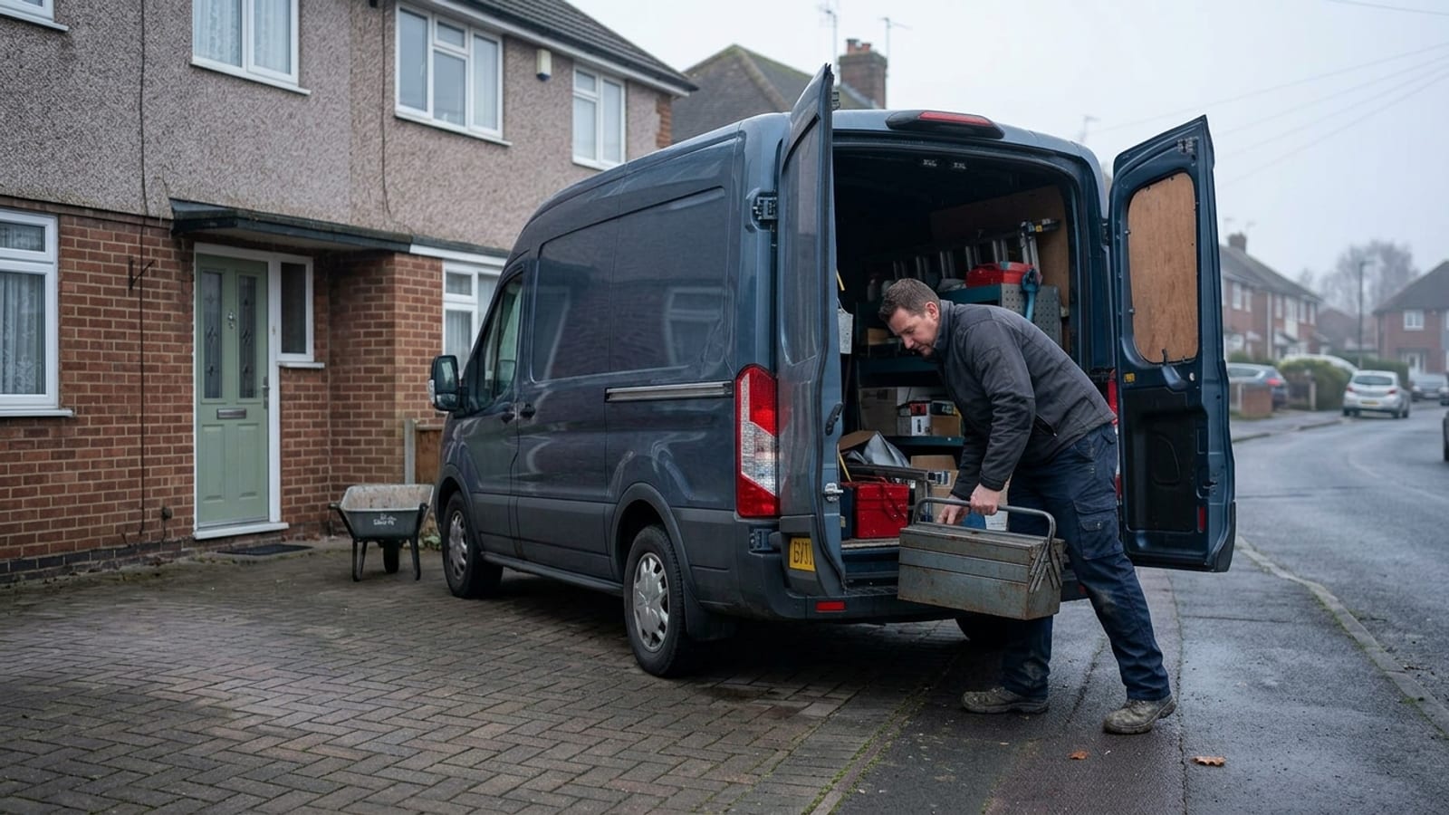 A tradesman loading a toolbox from a van outside a house