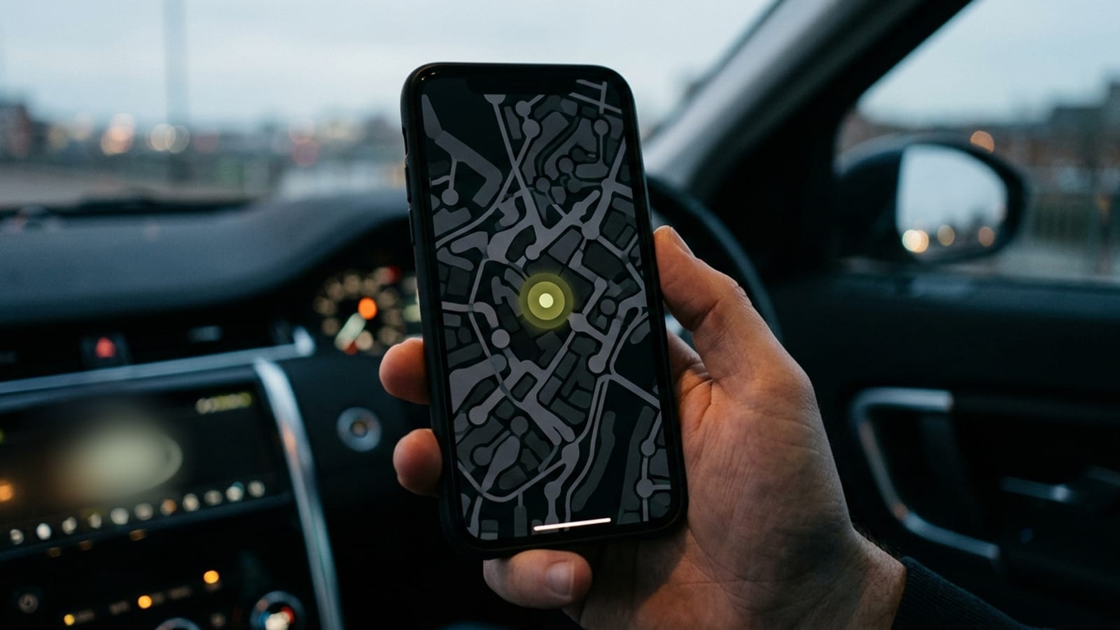 A phone showing a tracking map at night